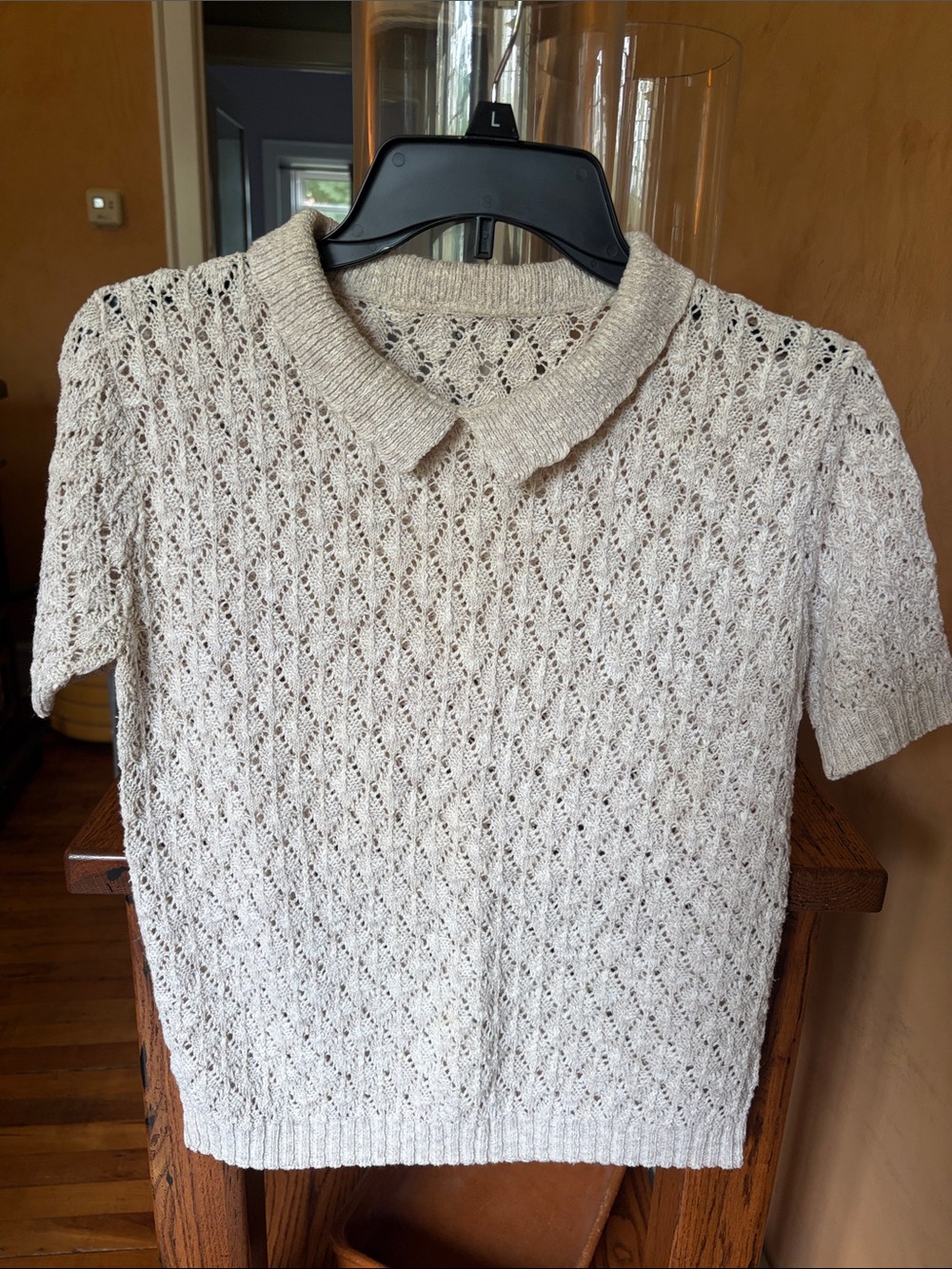 Women’s Cream Open-Knit Short Sleeve Sweater with Collar